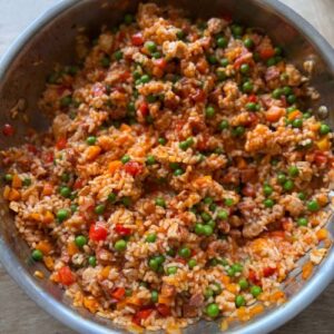 Paella in a shallow pan