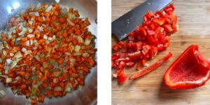 Diced onion and carrot in a pan. Dicing red pepper