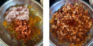 Diced chicken and chorizo in a pan
