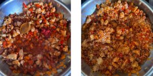 Paella rice added to the pan