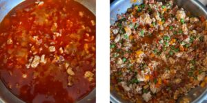 Paella pan with stock and added frozen peas