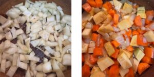 Paprika pork frying onions and vegetables