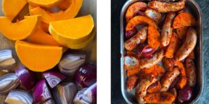 sausage and butternut squash traybake