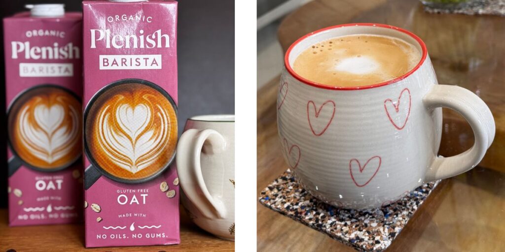 Best Dairy Free Milk - Plenish Barista. Mug of coffee with frothy milk.