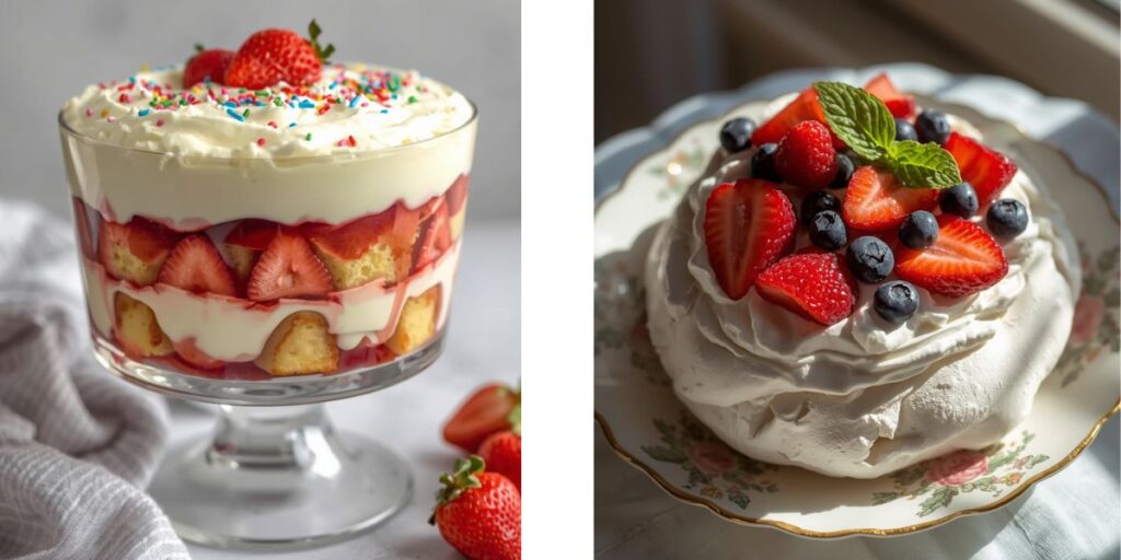 Traditional desserts such as trifle and pavlova with cream