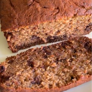 A close up shot of a slice of banana bread.