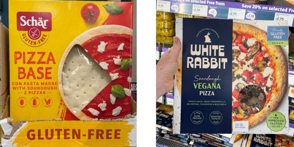 Two images one of Schär gluten free pizza base and the other White Rabbit Sourdough Vegan Pizza - gluten free and dairy free.