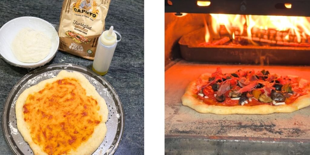 Two images one of the ingredients to make a home made pizza plus some pizza dough and a part baked base with tomato sauce. The other of a homemade pizza cooking away in a wood fired pizza oven.